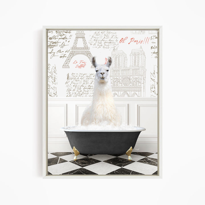 A white llama sitting in a bathtub filled with bubbles, with a Paris-themed background featuring the Eiffel Tower and other landmarks.