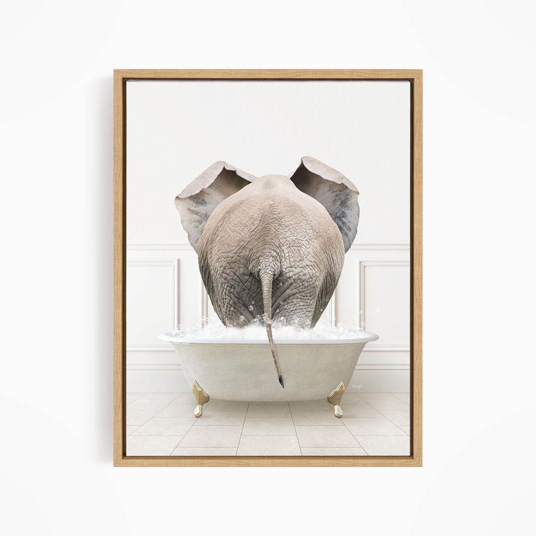 A large gray elephant is standing in a white bathtub filled with water, with its trunk submerged in the water.
