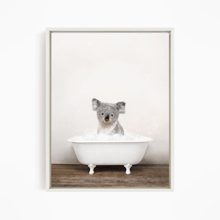 A koala bear sitting in a white bathtub filled with water, looking directly at the camera.