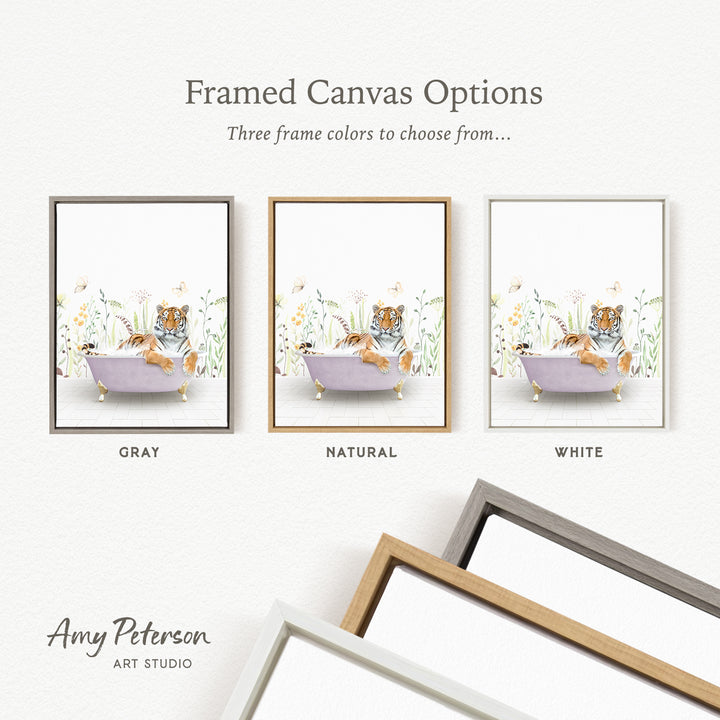 three framed canvas options, each featuring a tiger sitting in a bathtub surrounded by flowers. The options include a gray frame, a natural frame, and a white frame.