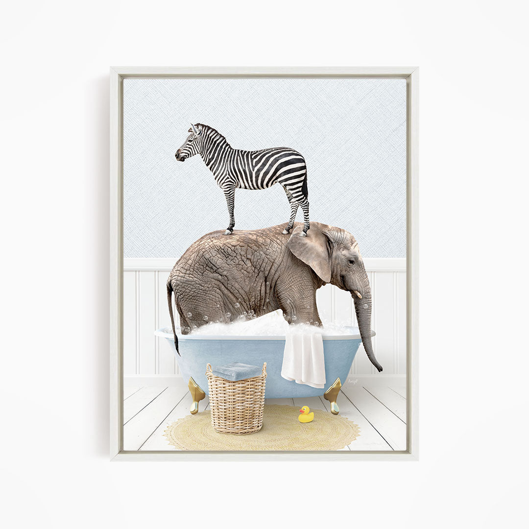 A zebra standing on the back of an elephant, both in a bathtub filled with water, with a yellow rubber duck nearby.
