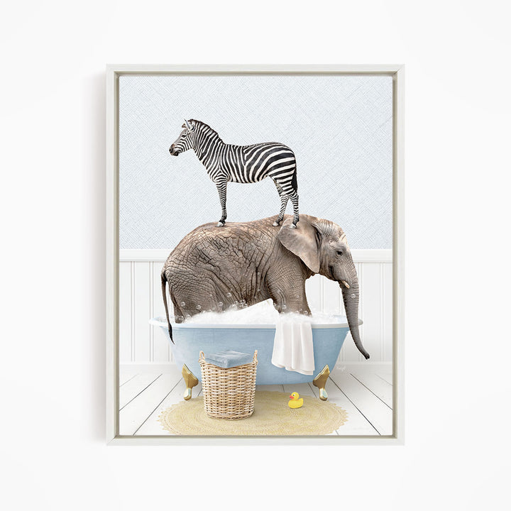 A zebra standing on the back of an elephant, both in a bathtub filled with water, with a yellow rubber duck nearby.