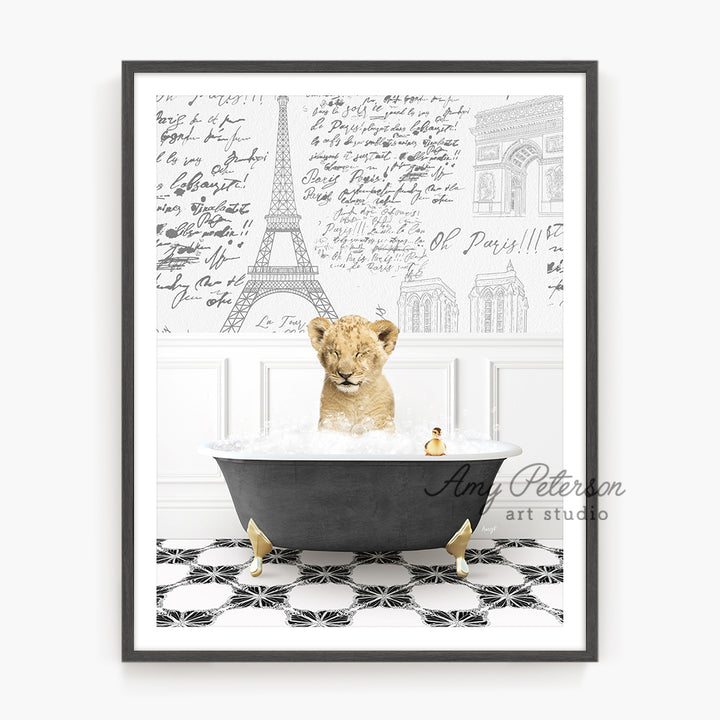 a picture of a dog in a bathtub with the eiffel tower in