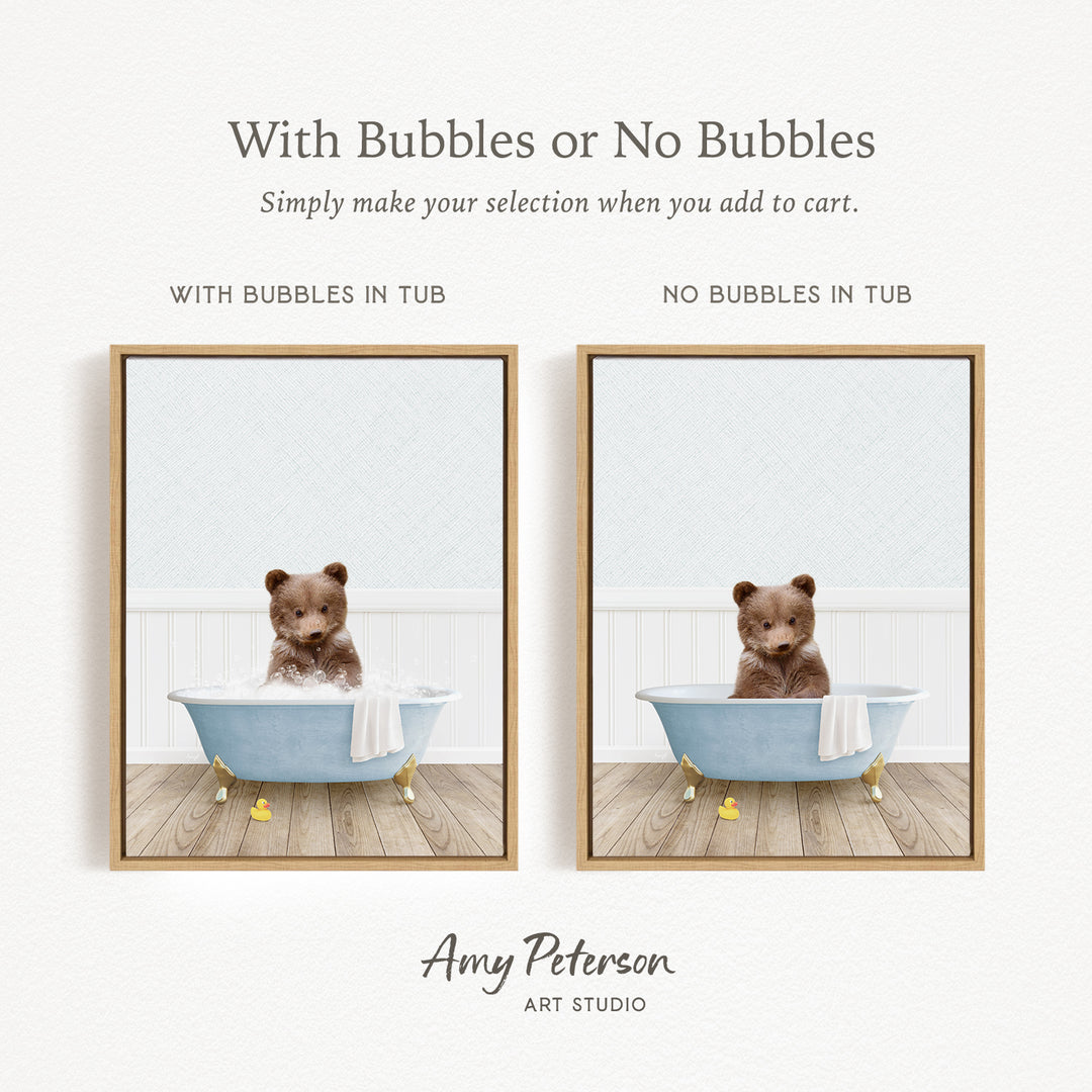 The image is a collage of two pictures featuring a teddy bear sitting in a bathtub. The first picture has bubbles in the tub, while the second picture does not have bubbles. The text above the images reads "With Bubbles or No Bubbles Simply make your selection when you add to cart."