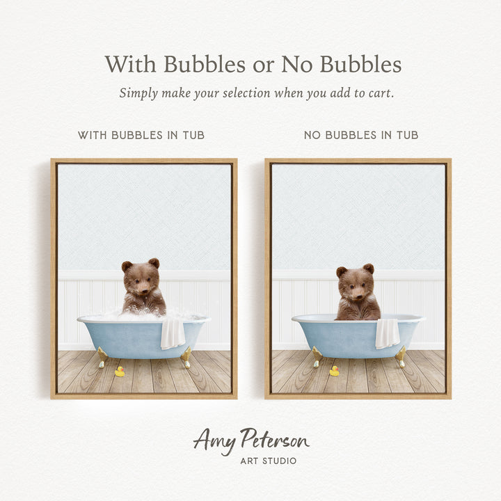 The image is a collage of two pictures featuring a teddy bear sitting in a bathtub. The first picture has bubbles in the tub, while the second picture does not have bubbles. The text above the images reads "With Bubbles or No Bubbles Simply make your selection when you add to cart."