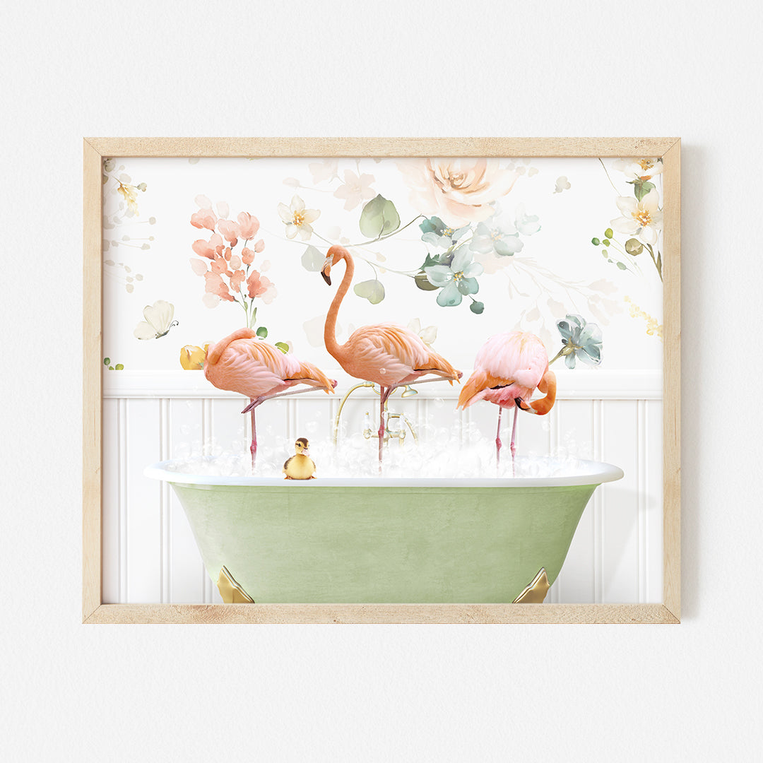 three flamingos in a bathtub with flowers on the wall