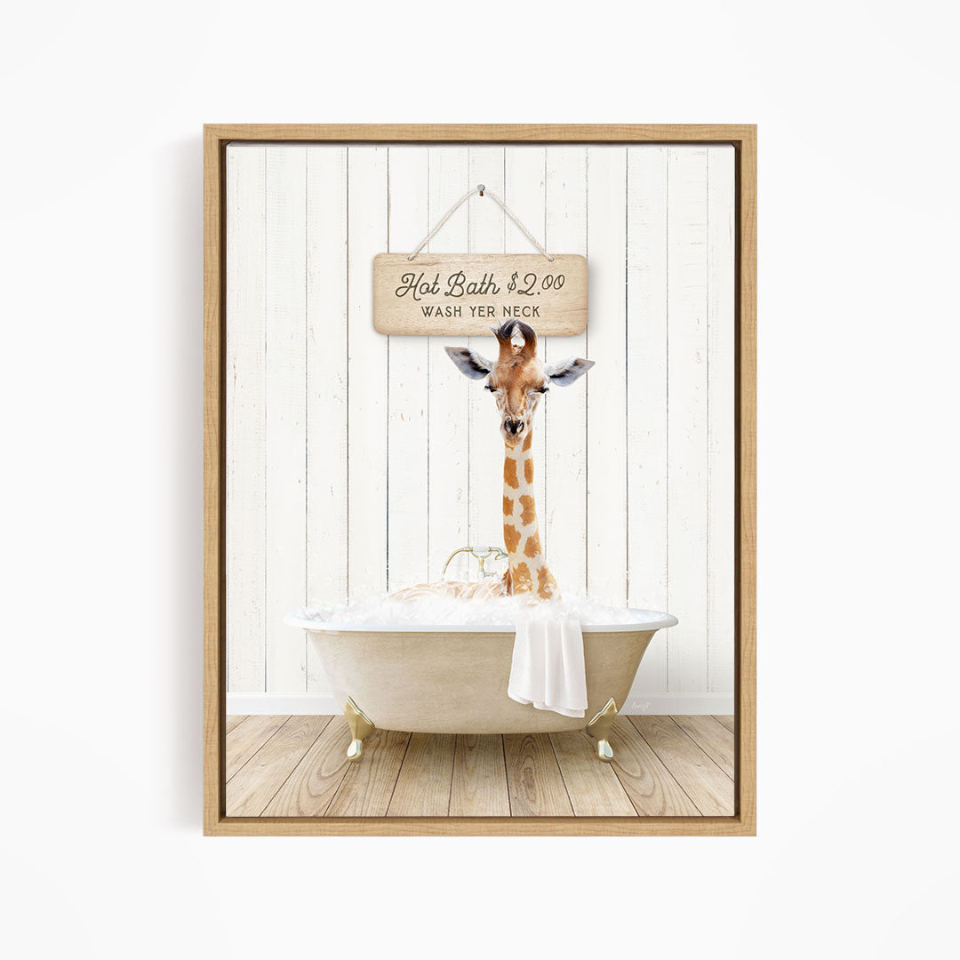 A giraffe sitting in a bathtub, with a sign above it that reads "Hot Bath $2.00 WASH YOUR necks".