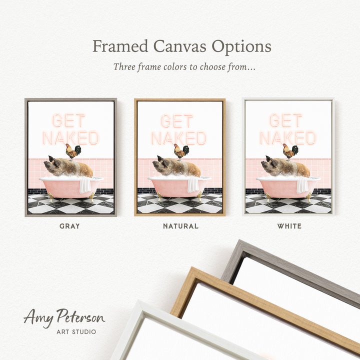 three framed canvas options, each featuring a different color and frame style. The text above the options reads " framed Canvas Options" and "Three frame colors to choose from...". The text below the options reads "GREY", "NATURAL", and "WHITE". The artist's name, " Amy Peterson ART STUDIO", is also present.