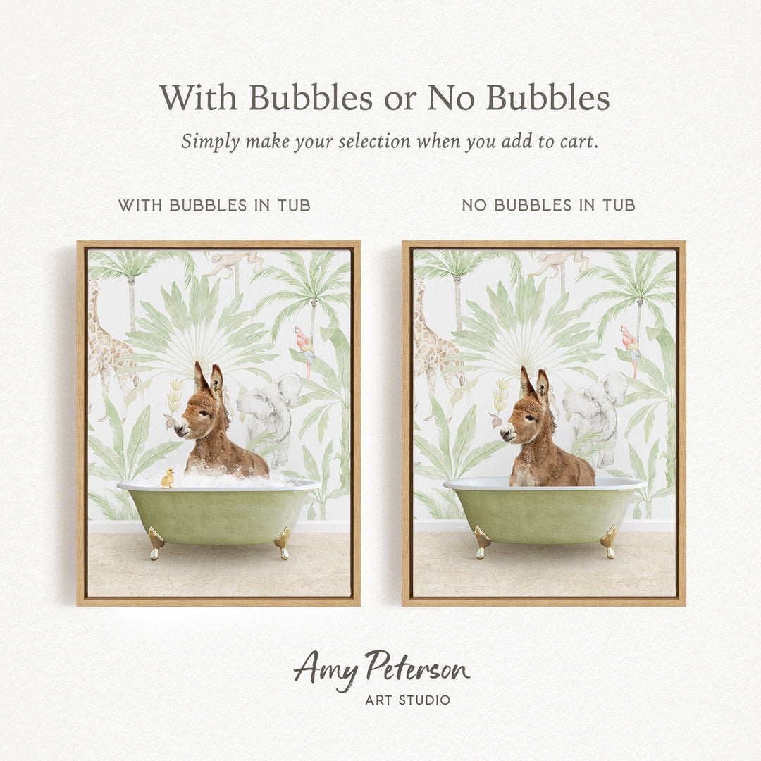 The image is a collage of two framed pictures, each depicting a dog sitting in a bathtub. The dog appears to be a brown and white donkey. The collage is titled "With Bubbles or No Bubbles" and includes text that suggests the viewer should make their selection when adding to a cart.