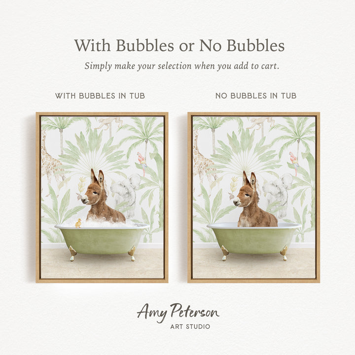 The image is a collage of two framed pictures, each depicting a dog sitting in a bathtub. The dog appears to be a brown and white donkey. The collage is titled "With Bubbles or No Bubbles" and includes text that suggests the viewer should make their selection when adding to a cart.