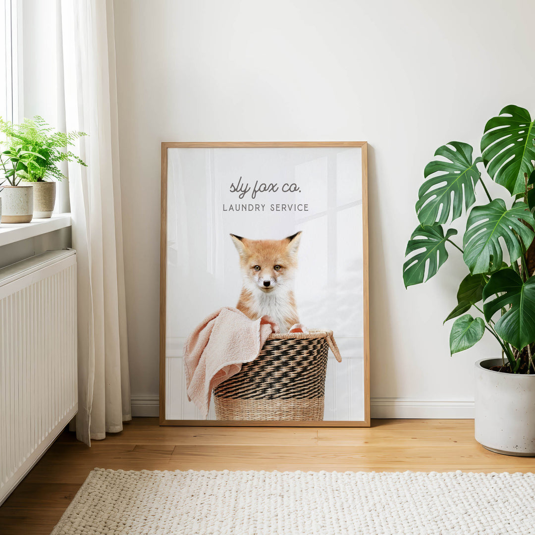 A framed photograph of a cat sitting in a laundry basket, with the text "sky fox co. Laundry service" displayed on the frame.