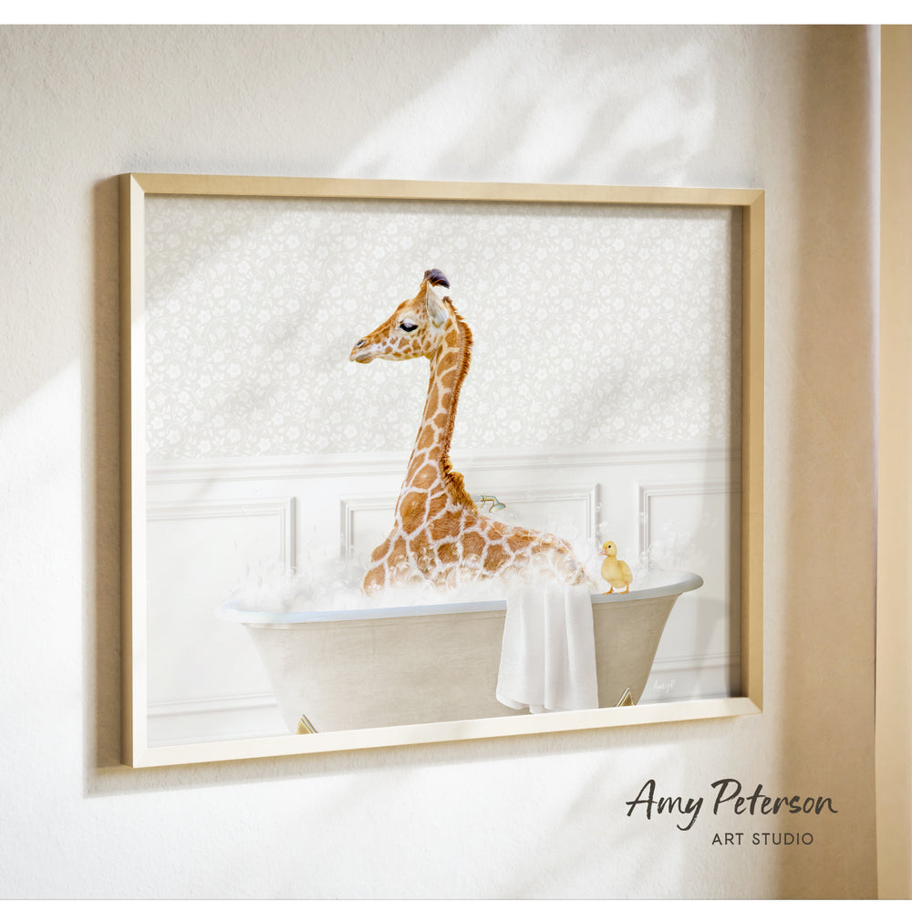 A giraffe sitting in a bathtub filled with bubbles, with a yellow duck nearby.