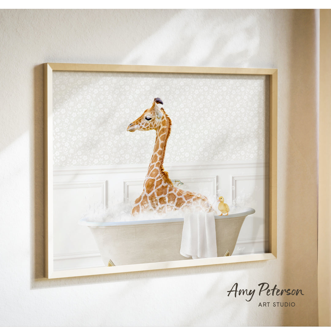 A giraffe sitting in a bathtub filled with bubbles, with a yellow duck nearby.