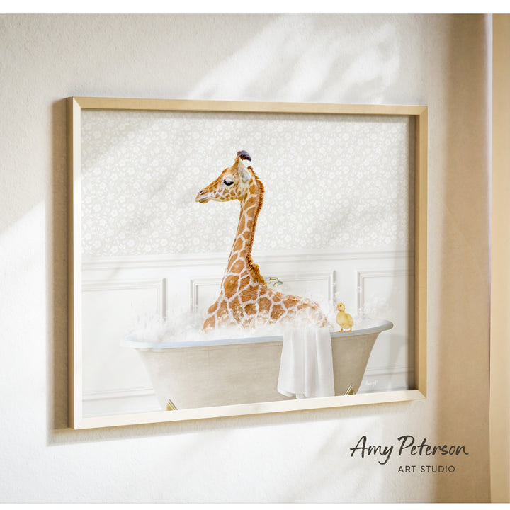 A giraffe sitting in a bathtub filled with bubbles, with a yellow duck nearby.