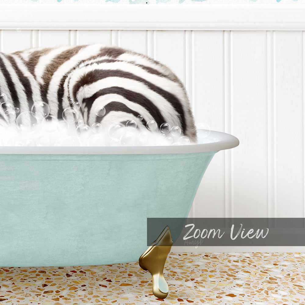 A zebra lying in a light blue bathtub filled with bubbles, with a gold faucet visible.