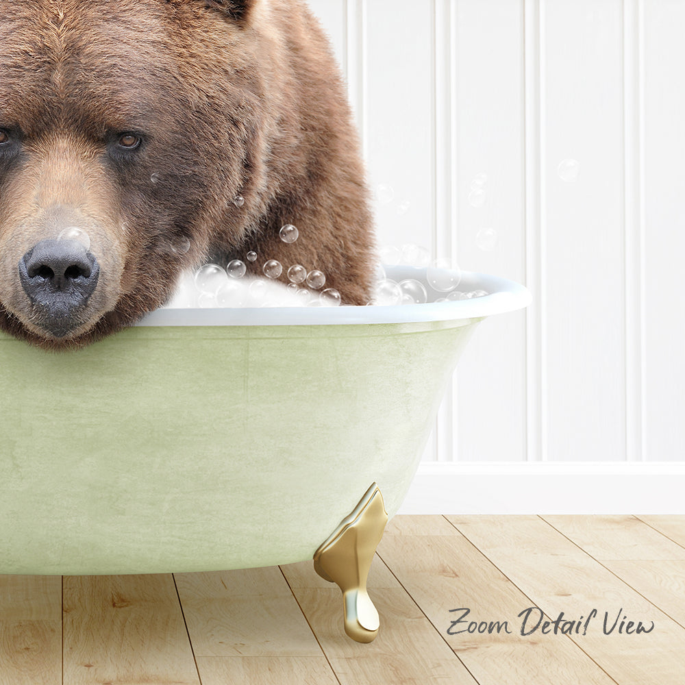 A brown bear is sitting in a green bathtub filled with bubbles, appearing to enjoy a relaxing bath.