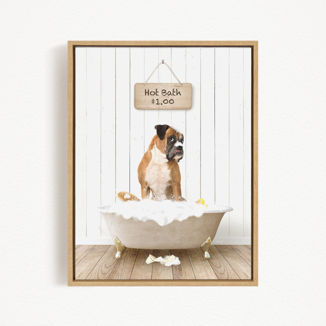 A brown and white dog sitting in a white bathtub filled with bubbles, with a wooden sign above the tub indicating a hot bath for $1.00.