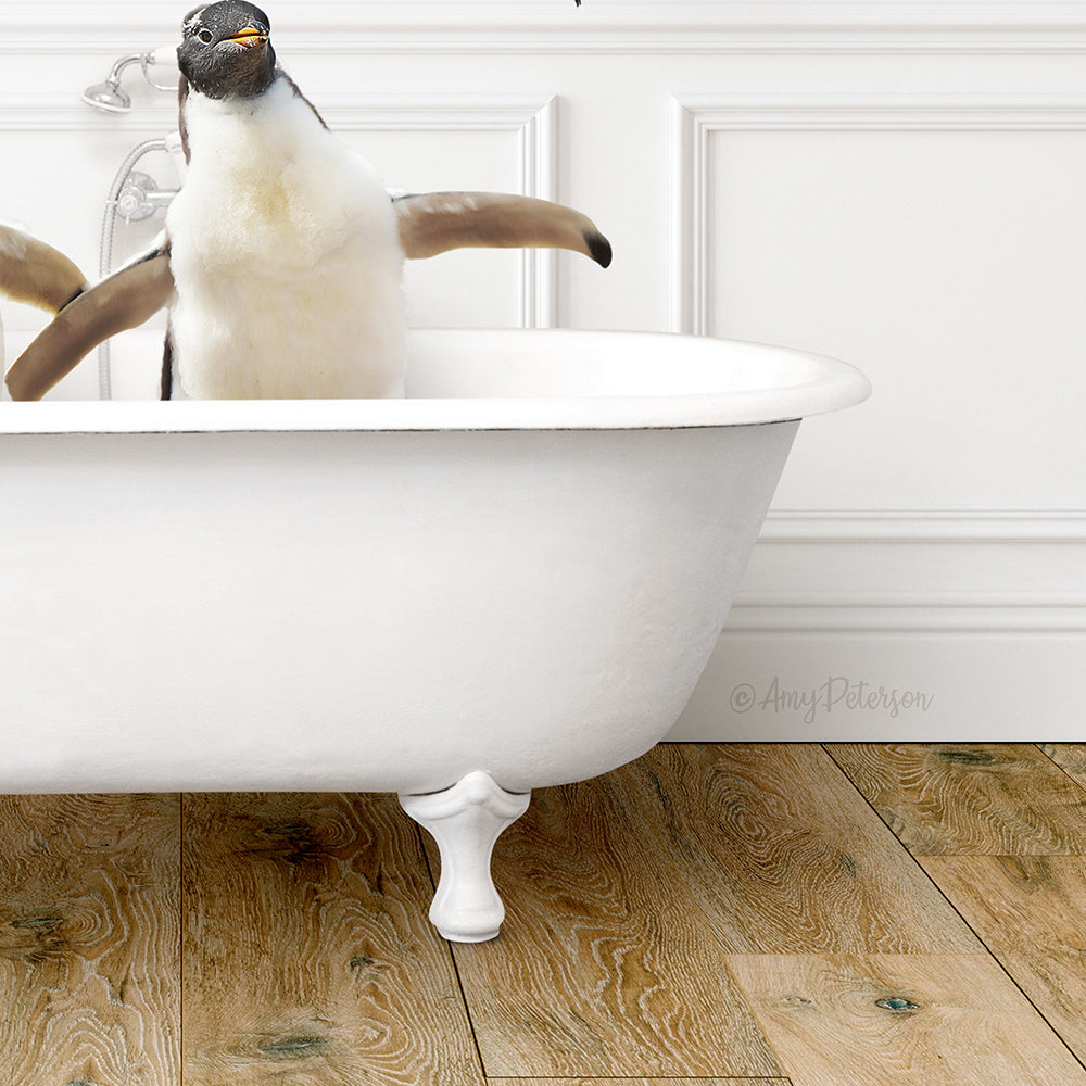 A penguin standing in a white bathtub, with its head and arms raised above the tub's edge.