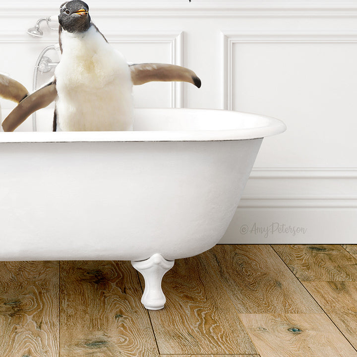 A penguin standing in a white bathtub, with its head and arms raised above the tub's edge.