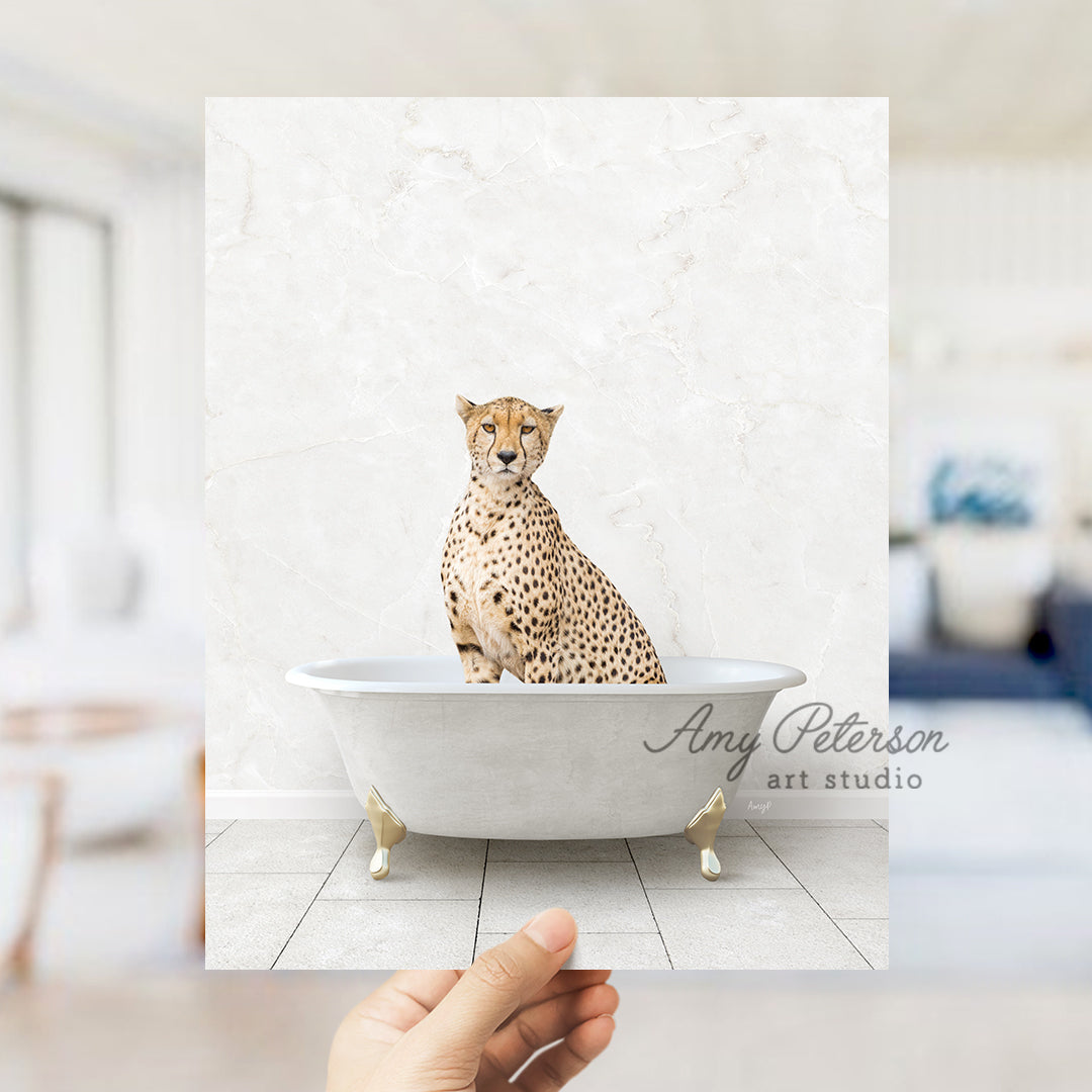 a hand holding a photo of a cheetah in a bathtub