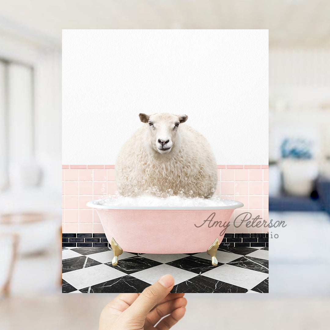 a sheep sitting in a pink bathtub with a black and white checkered floor