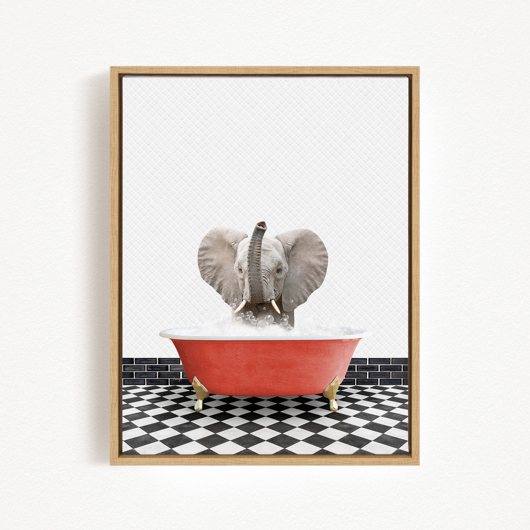 A gray elephant is sitting in a red bathtub filled with water, surrounded by a black and white checkered floor.