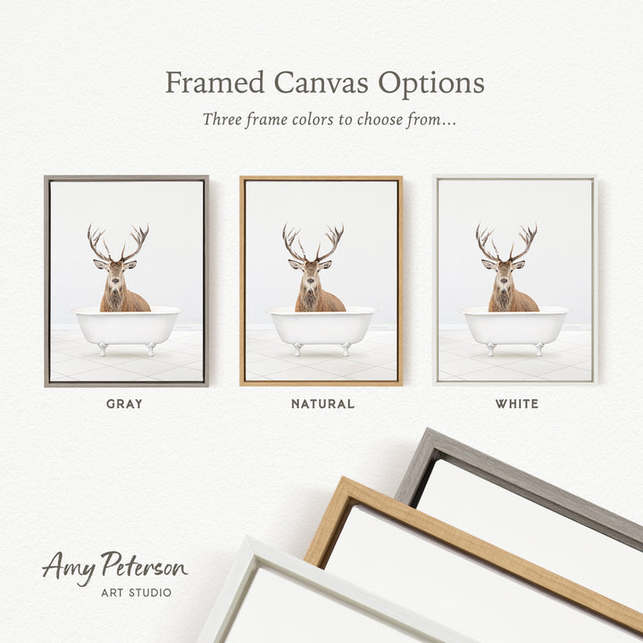 three framed canvas options, each featuring a deer in a bathtub. The options include a gray frame, a natural frame, and a white frame.