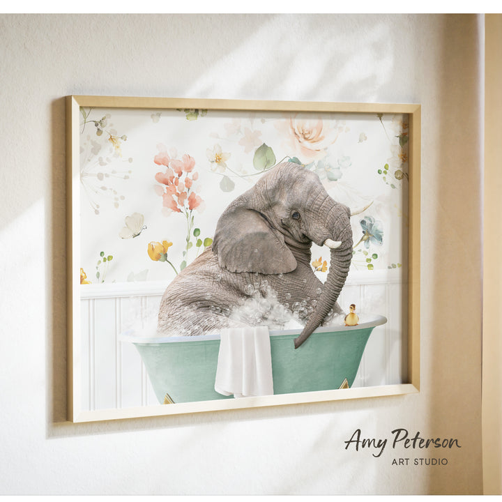A framed print of an elephant sitting in a bathtub filled with water, surrounded by flowers and other decorative elements.