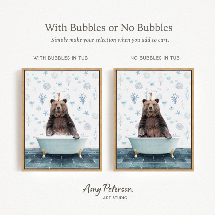 The image is a collage of two pictures featuring a bear sitting in a bathtub. The bear is sitting on a blue and white bathtub, and the background has a pattern of blue and white seashells and starfish. The bear appears to be enjoying a bath, and the overall composition of the collage suggests a playful and whimsical theme.
