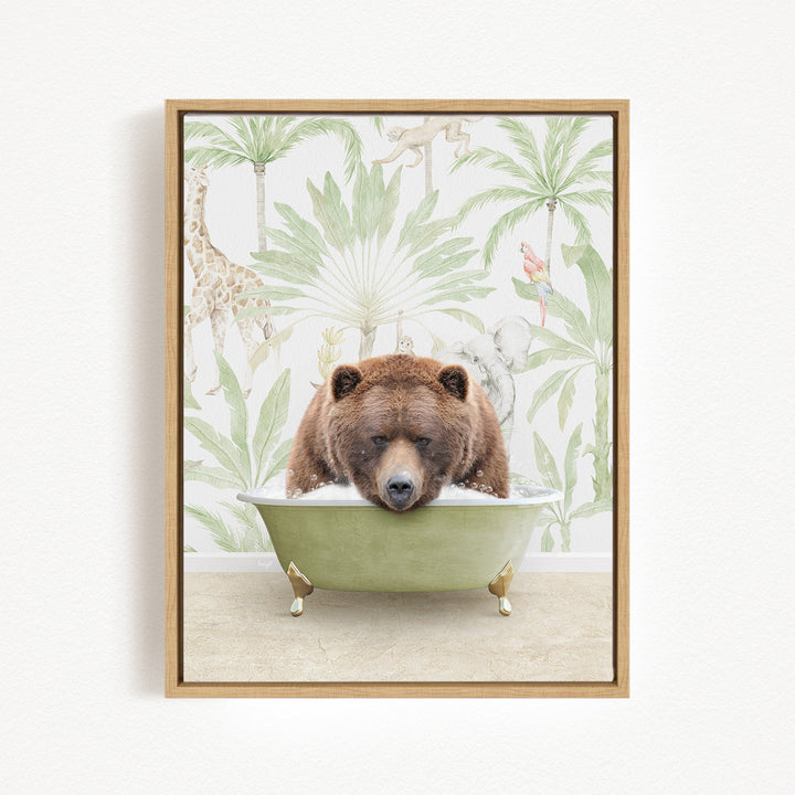 A brown bear is sitting in a green bathtub, surrounded by a tropical wallpaper with palm trees and other animals.