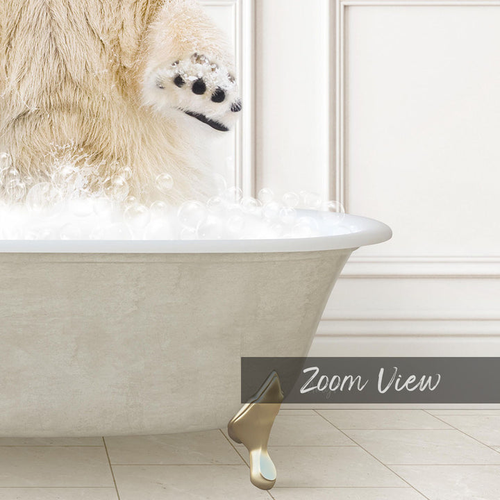 A fluffy white dog is standing in a bathtub filled with bubbles, with its paw raised in the air.