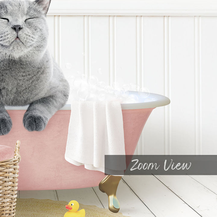 A gray cat sitting in a pink bathtub, with a yellow rubber duck nearby, and a white towel on the side.