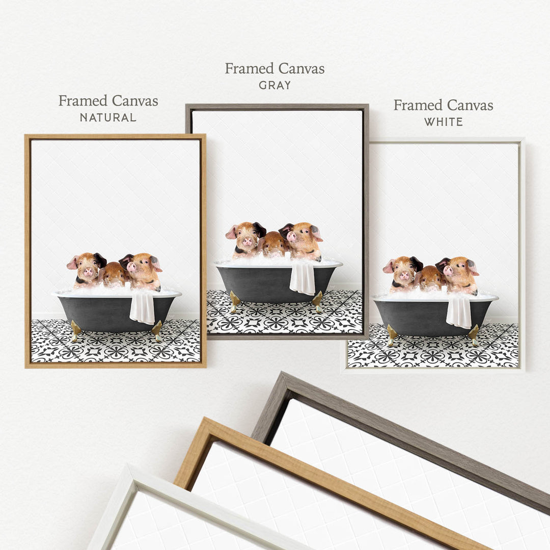 three framed prints of the same picture, each with a different frame color: natural, gray, and white. The prints feature a group of small animals, likely dogs, sitting in a bathtub.