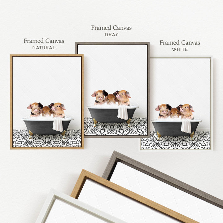 three framed prints of the same picture, each with a different frame color: natural, gray, and white. The prints feature a group of small animals, likely dogs, sitting in a bathtub.