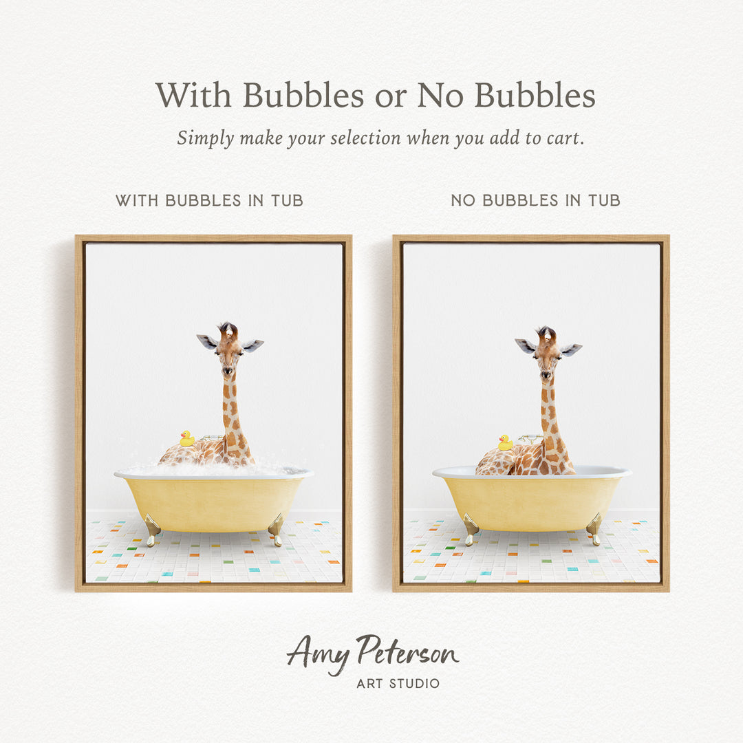 The image is a collage of two framed pictures, each depicting a giraffe sitting in a tub. The text above the images reads "With Bubbles or No Bubbles" and below the images, it says "Simply make your selection when you add to cart."