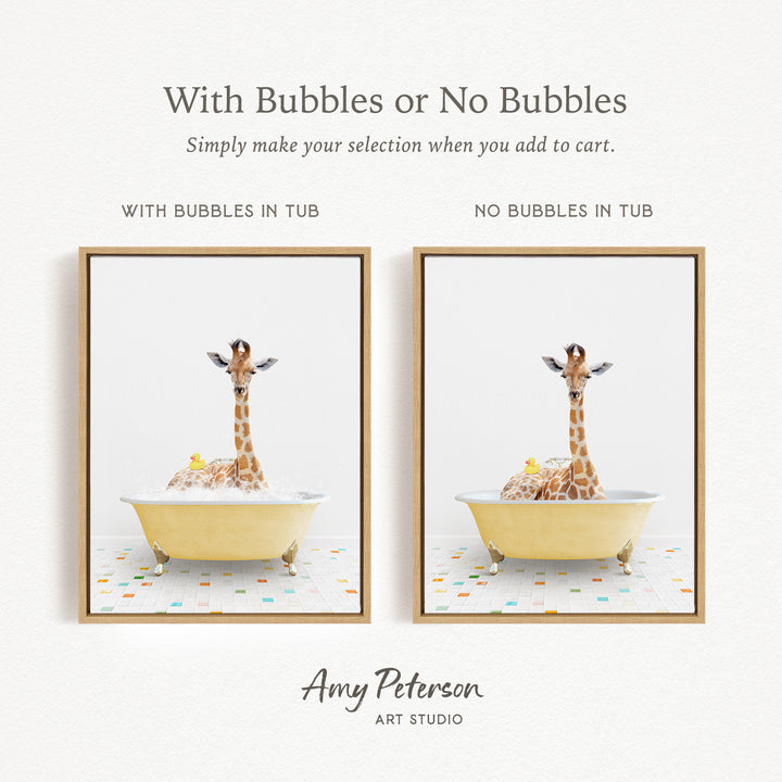 The image is a collage of two framed pictures, each depicting a giraffe sitting in a tub. The text above the images reads "With Bubbles or No Bubbles" and below the images, it says "Simply make your selection when you add to cart."