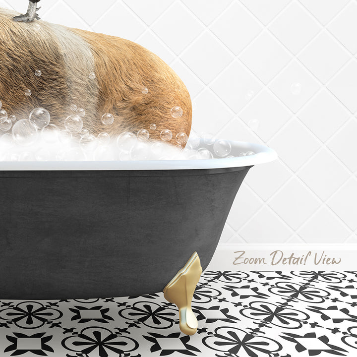 A dog is taking a bath in a bathtub filled with bubbles, with a gold bathtub faucet and a patterned tile floor visible in the background.