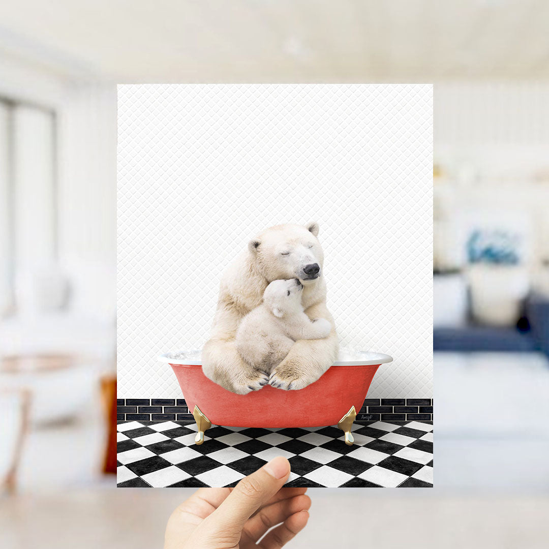 A polar bear and its cub are sitting in a red bathtub on a black and white checkered floor.