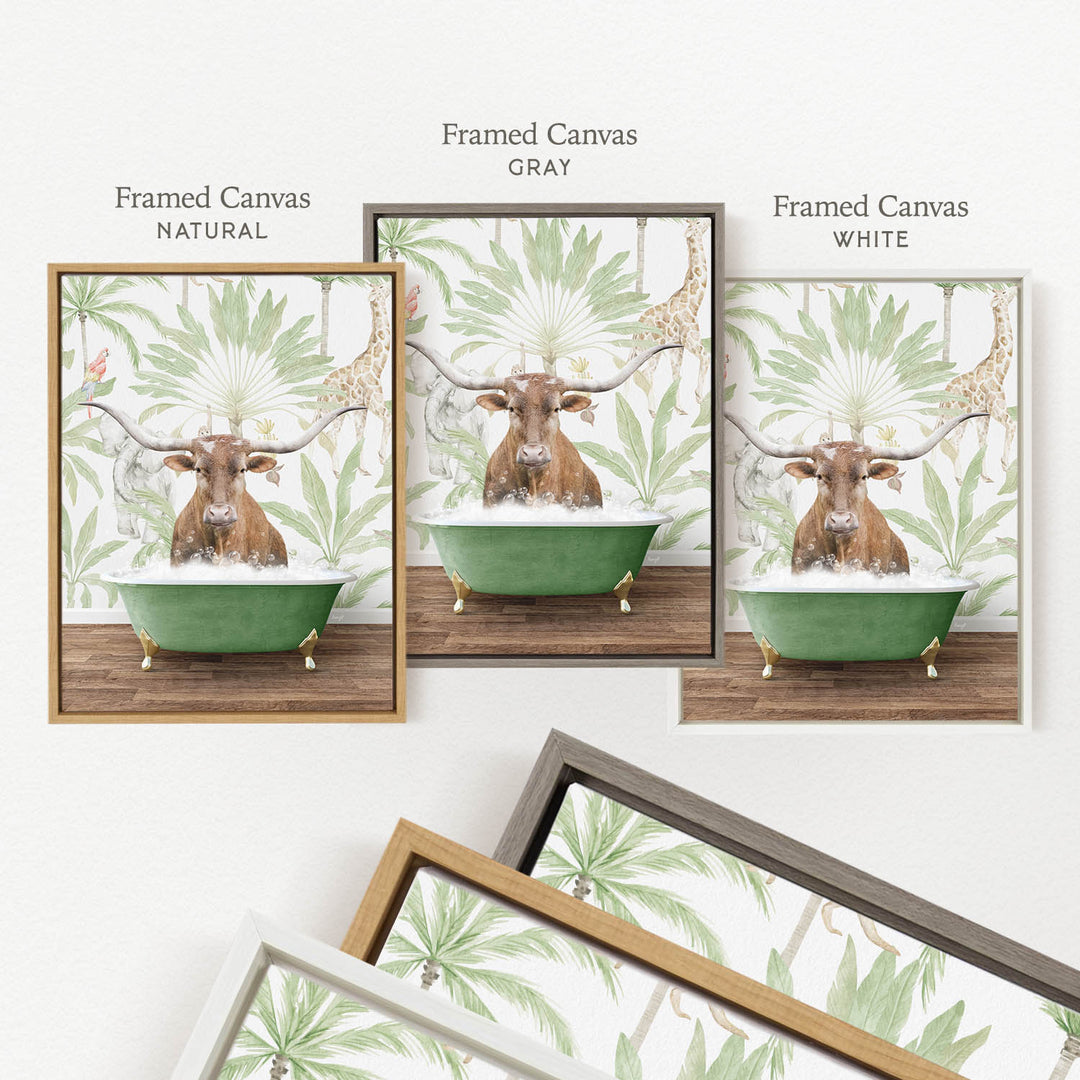 a framed canvas with a painting of a cow sitting in a bathtub, surrounded by tropical foliage.
