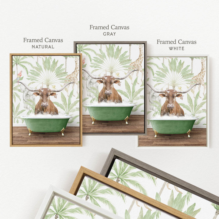 a framed canvas with a painting of a cow sitting in a bathtub, surrounded by tropical foliage.