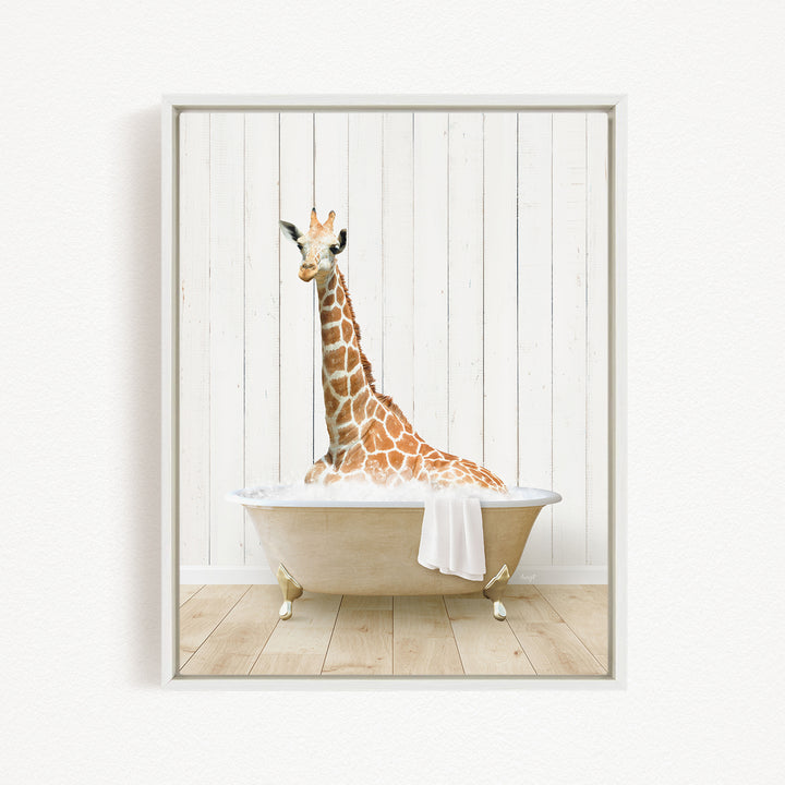 A giraffe is sitting in a bathtub filled with water, creating a whimsical and playful scene.