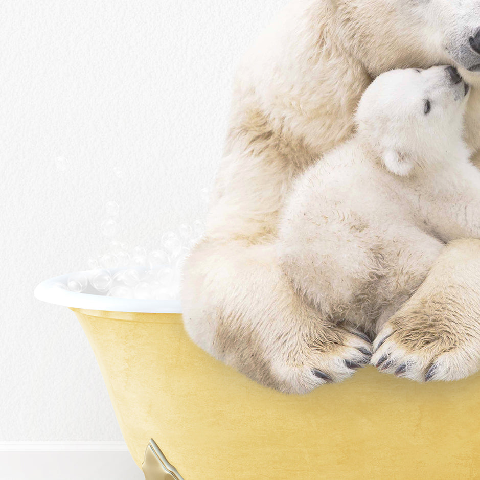 a mother polar bear and her cub in a bathtub