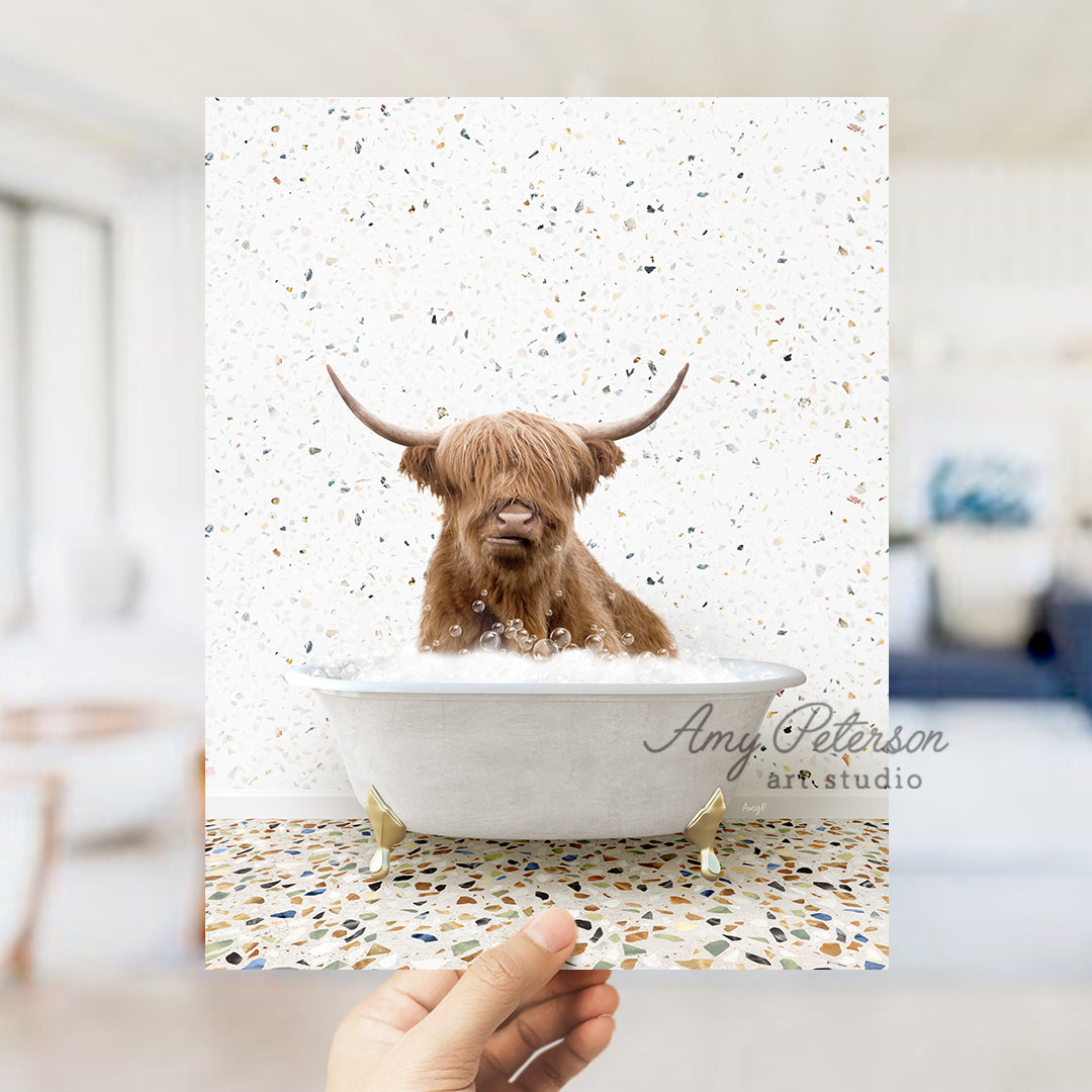 a hand holding up a card with a picture of a dog in a bathtub