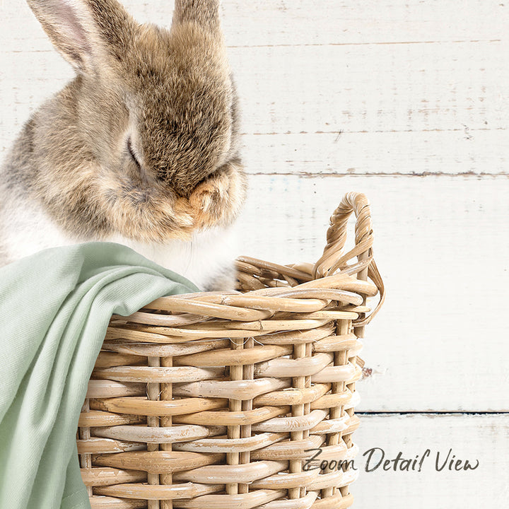 A fluffy brown and white rabbit is nestled in a woven basket, with its head resting on its paws.