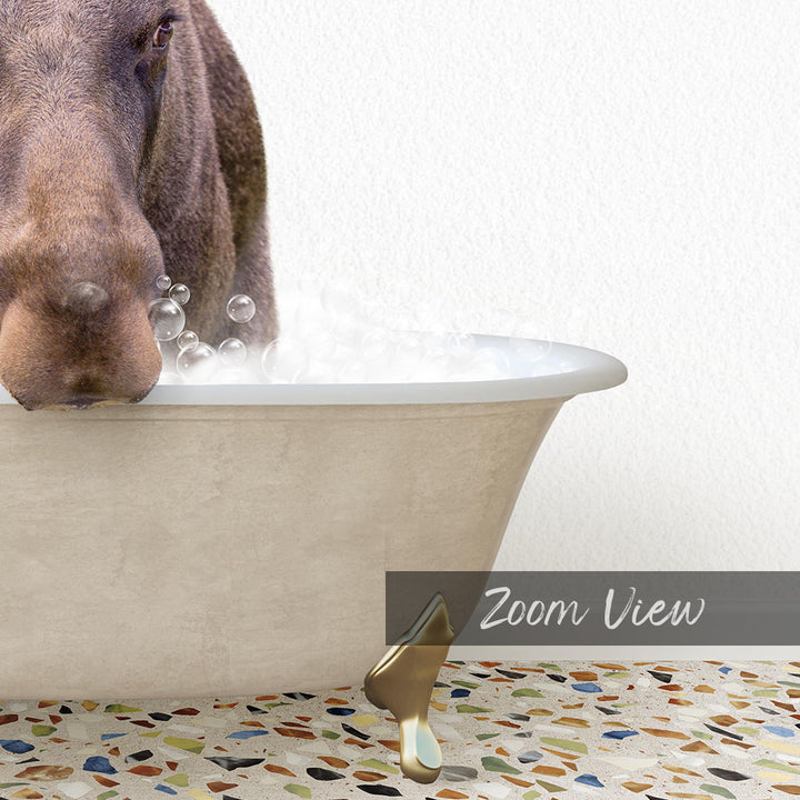 A close-up of a dog's face peeking over the edge of a bathtub filled with bubbles, with a text overlay that reads "Zoom View".