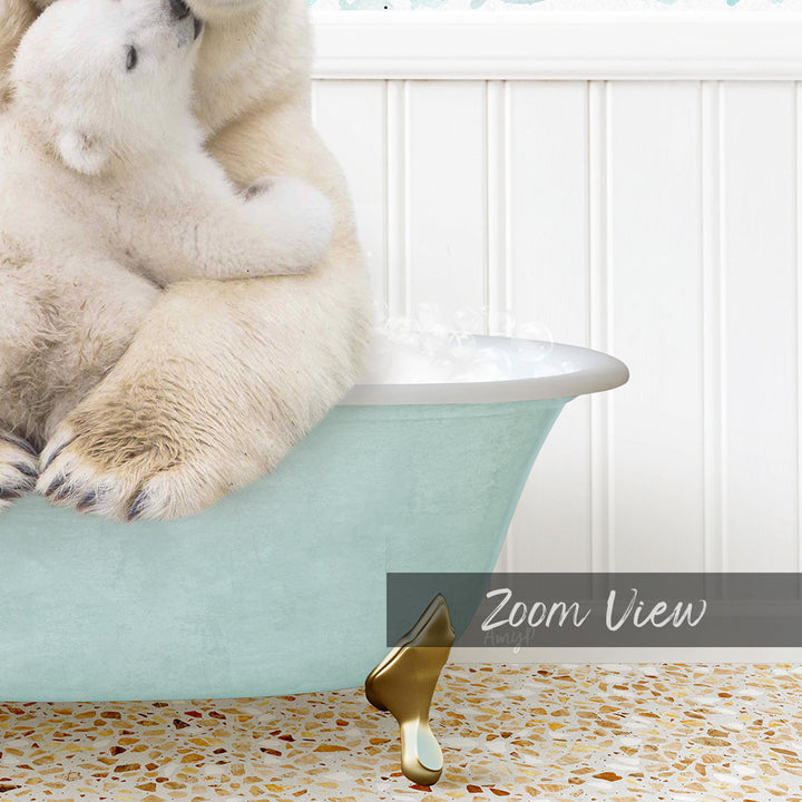 A polar bear sitting in a light blue bathtub, with another polar bear sitting on top of it.