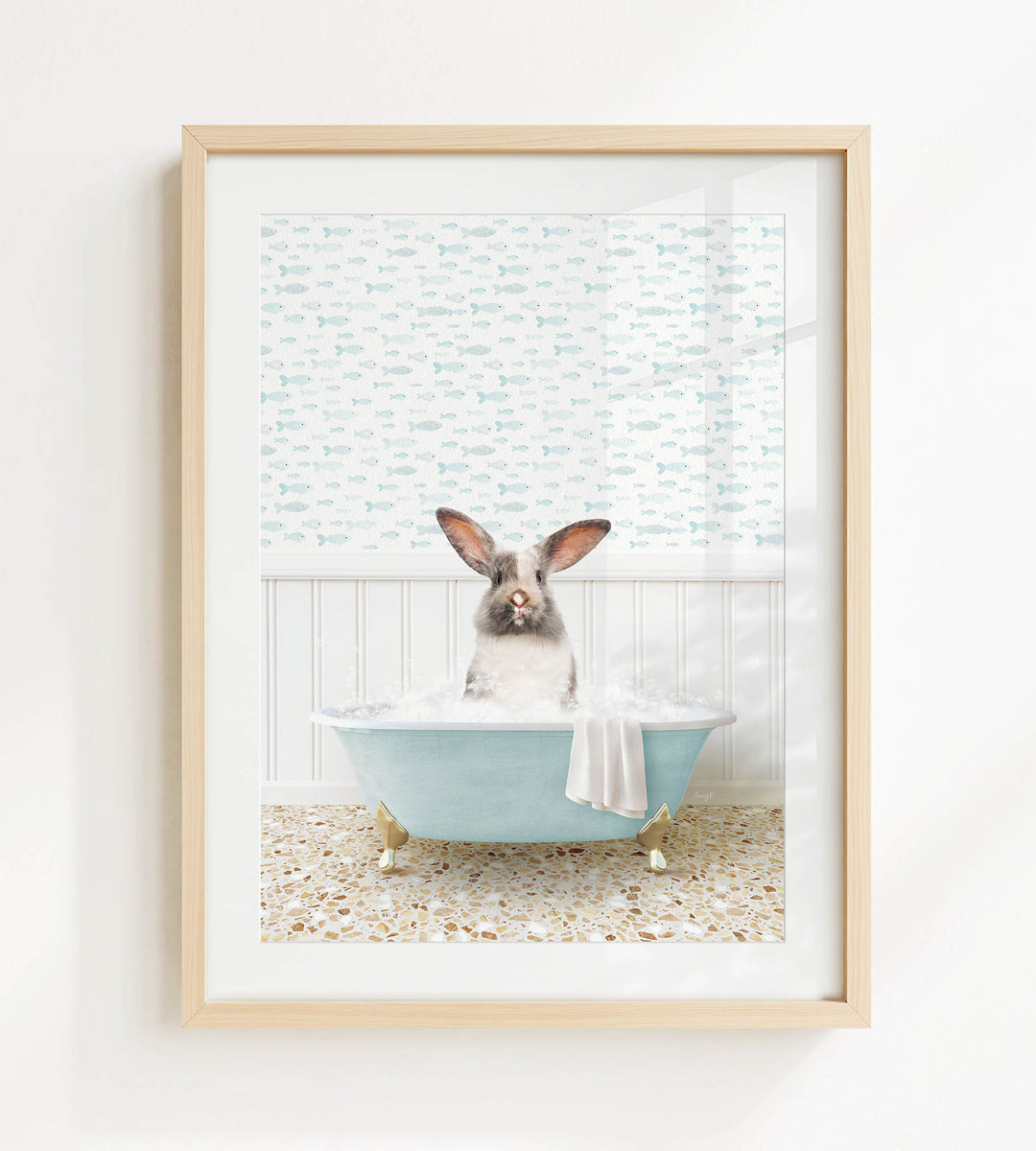A rabbit sitting in a blue bathtub filled with bubbles, surrounded by a patterned wall and a window.