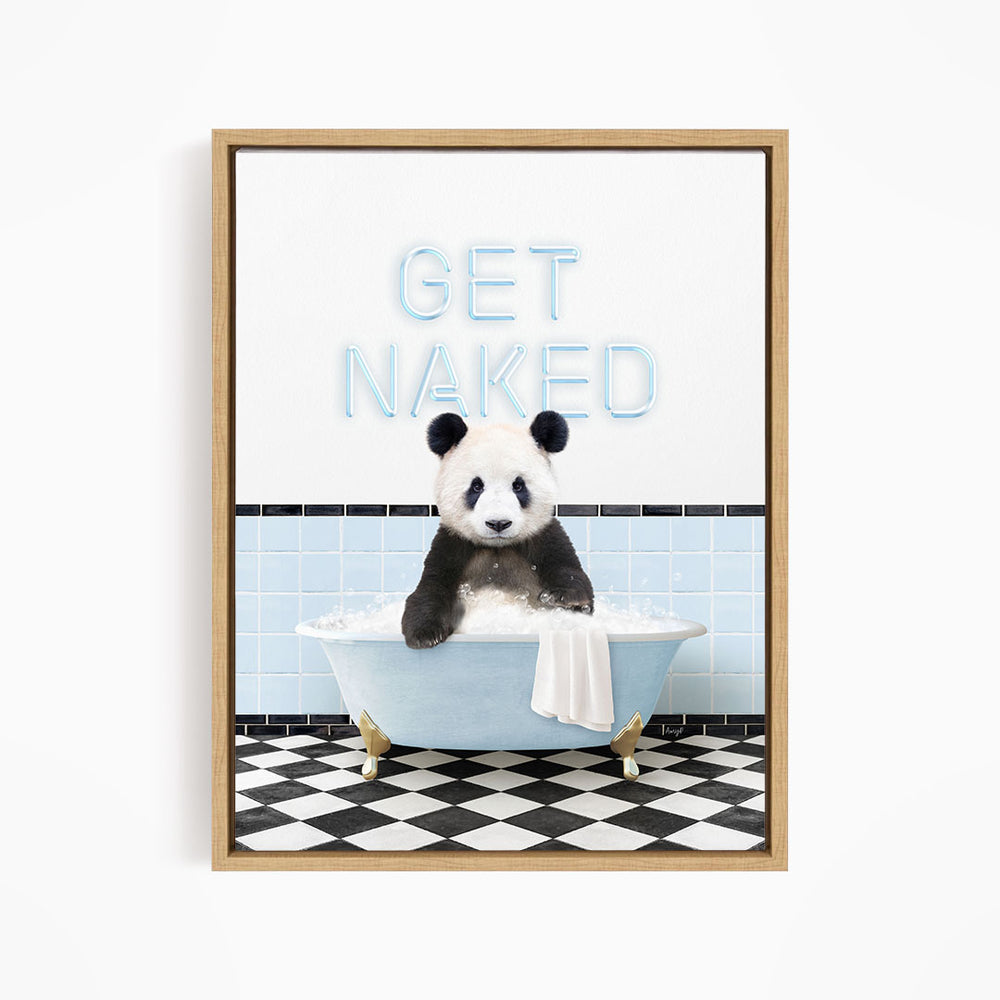 A panda bear sitting in a bathtub with the text "GET NAKED" displayed above it.