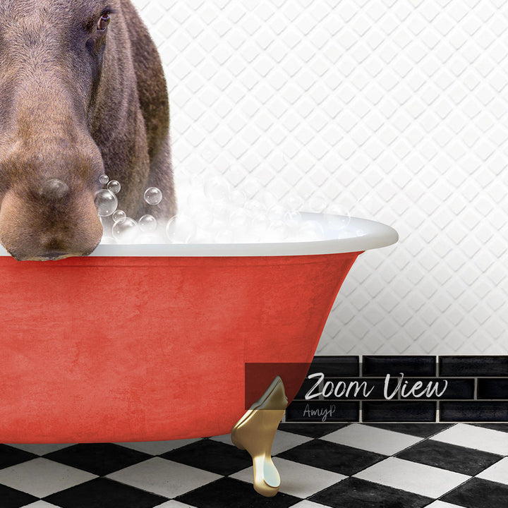A dog is standing in a red bathtub filled with water, surrounded by bubbles, with a black and white checkered floor and a tile wall in the background.