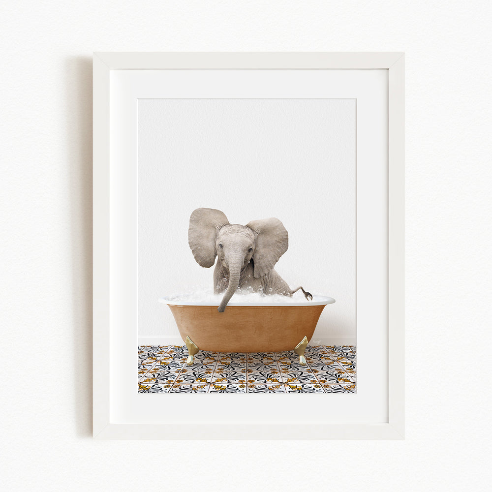 A gray elephant is sitting in a brown bathtub filled with water, surrounded by a patterned tile floor.